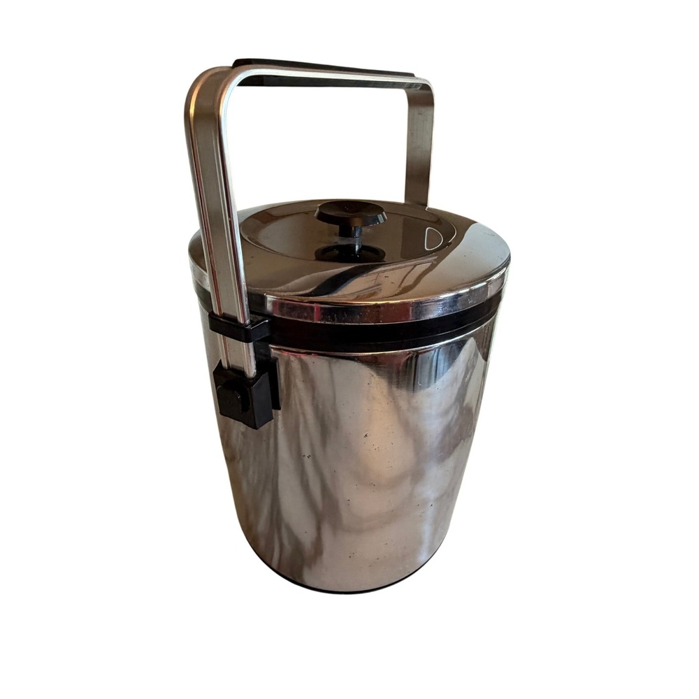 Vintage Stainless Steel Ice Bucket with Black Lid and‎ Handle